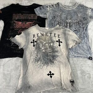 Remetee Shirt Lot of 3 Mens XL Multicolor Skull Cross Angel Graphic Gothic Tees